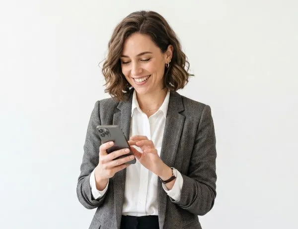 Corretora cadastrando um imóvel pelo celular