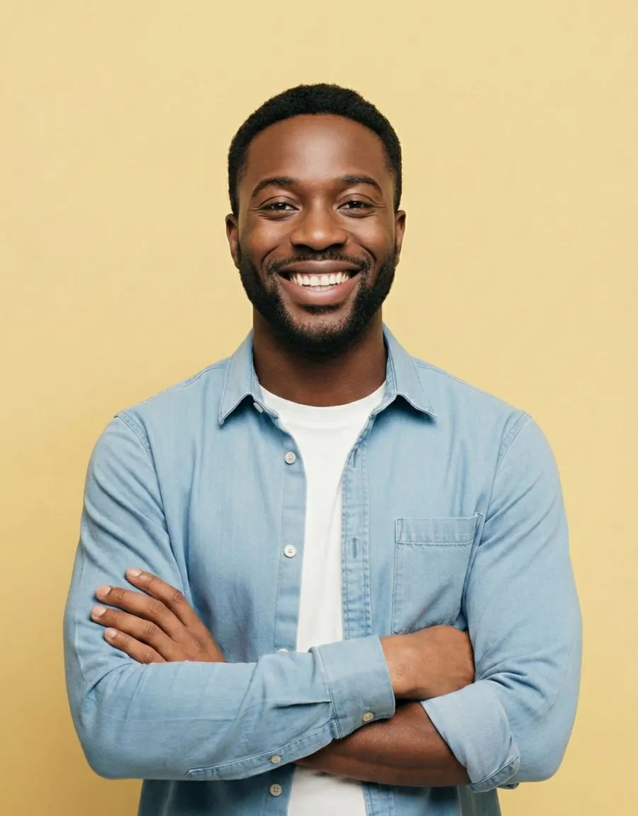 Corretor sorrindo de braços cruzados